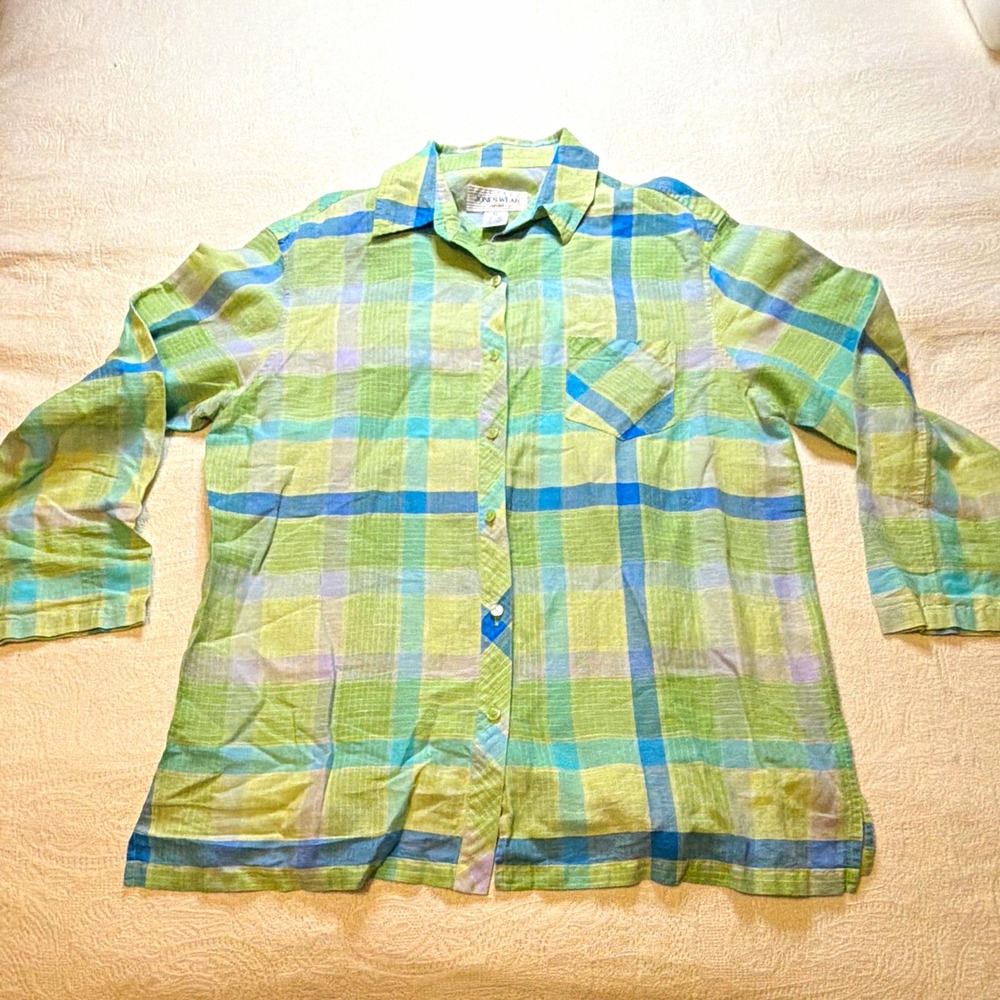 Jones Wear Sport Women XL Green Blue Plaid Linen Cotton Collared Button-Up